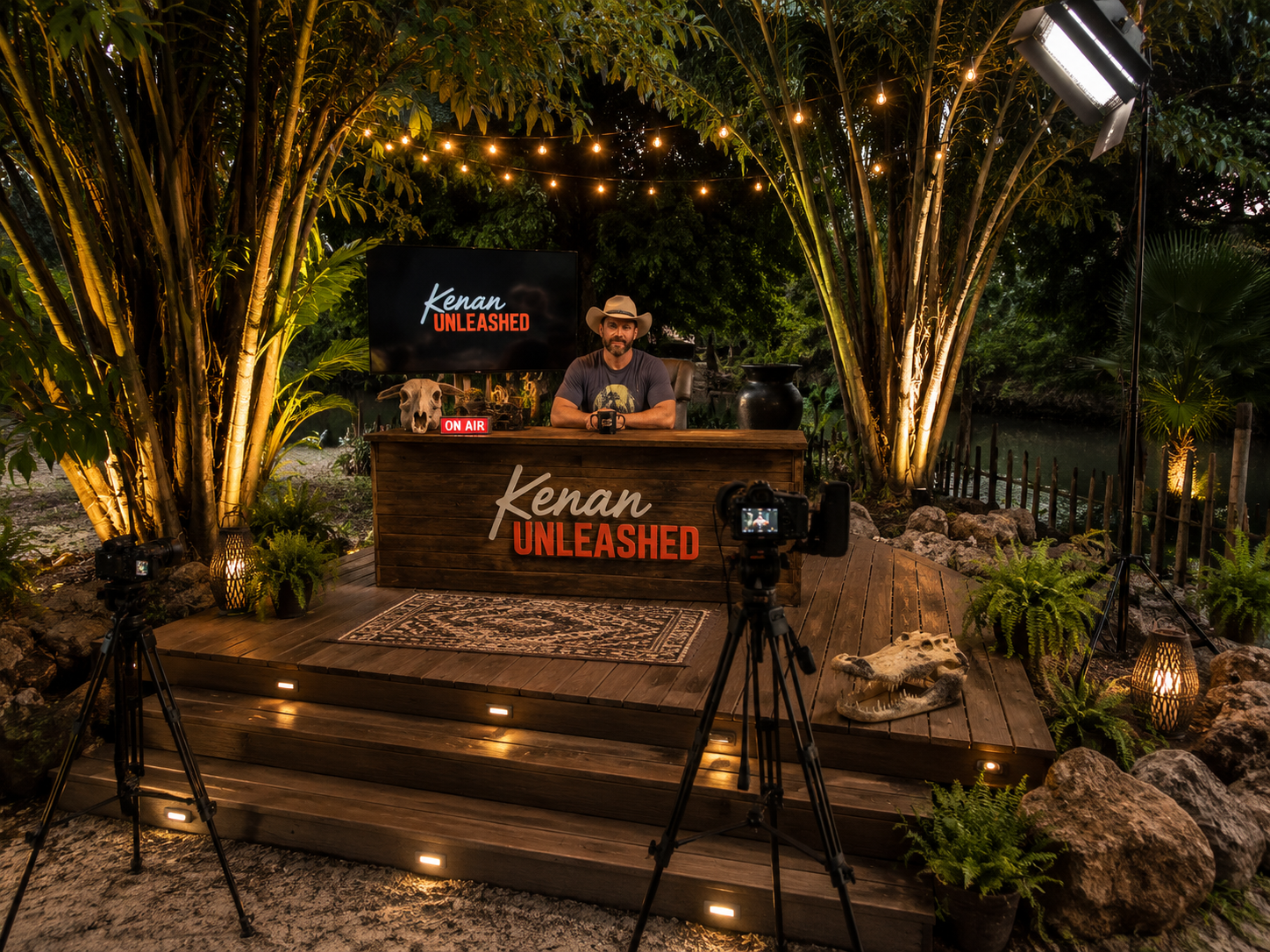 Live Unleashed set — Kenan at the sanctuary desk with cameras, jungle backdrop and string lights